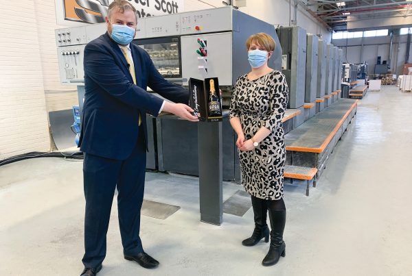 Andrew Stephenson - MP for Pendle with Peter Scott Printers' Managing Director, Joanne Hindley