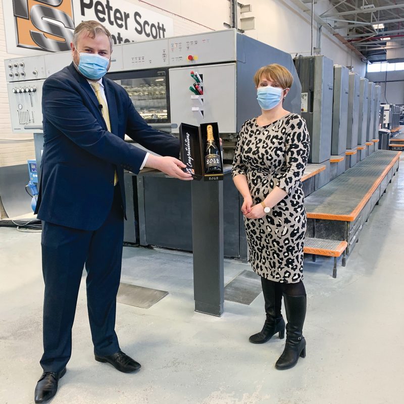Joanne Hindley promoted to Managing Director of Peter Scott Printers, in surprise ceremony with MP