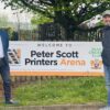 Murray Dawson of Peter Scott Printers and Andy Haworth of Read Cricket Club at the newly named Peter Scott Printers Arena in Read