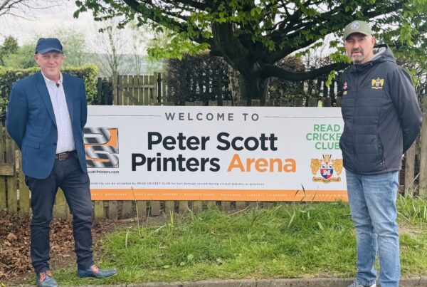 Murray Dawson of Peter Scott Printers and Andy Haworth of Read Cricket Club at the newly named Peter Scott Printers Arena in Read