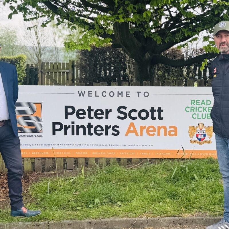 Murray Dawson of Peter Scott Printers and Andy Haworth of Read Cricket Club at the newly named Peter Scott Printers Arena in Read